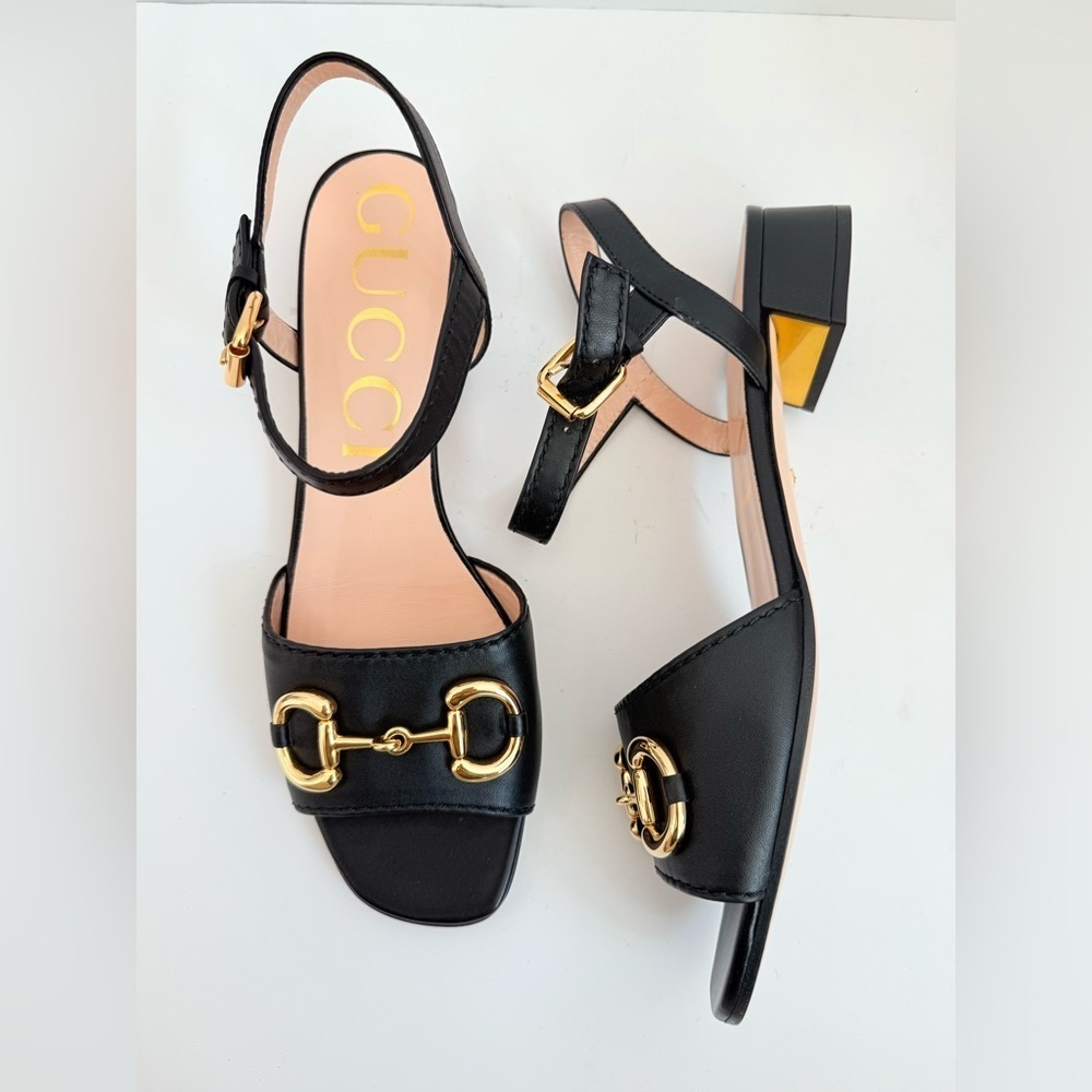 Gucci Nappa Charlotte Black Leather Baby Horsebit open toe Sandals EU 41.5